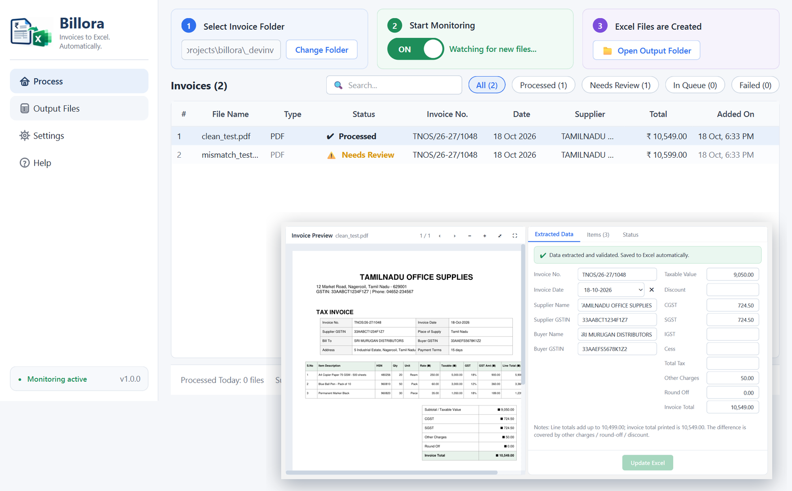 Billora main screen: invoice list with status, and the review window with the invoice on the left and extracted data on the right